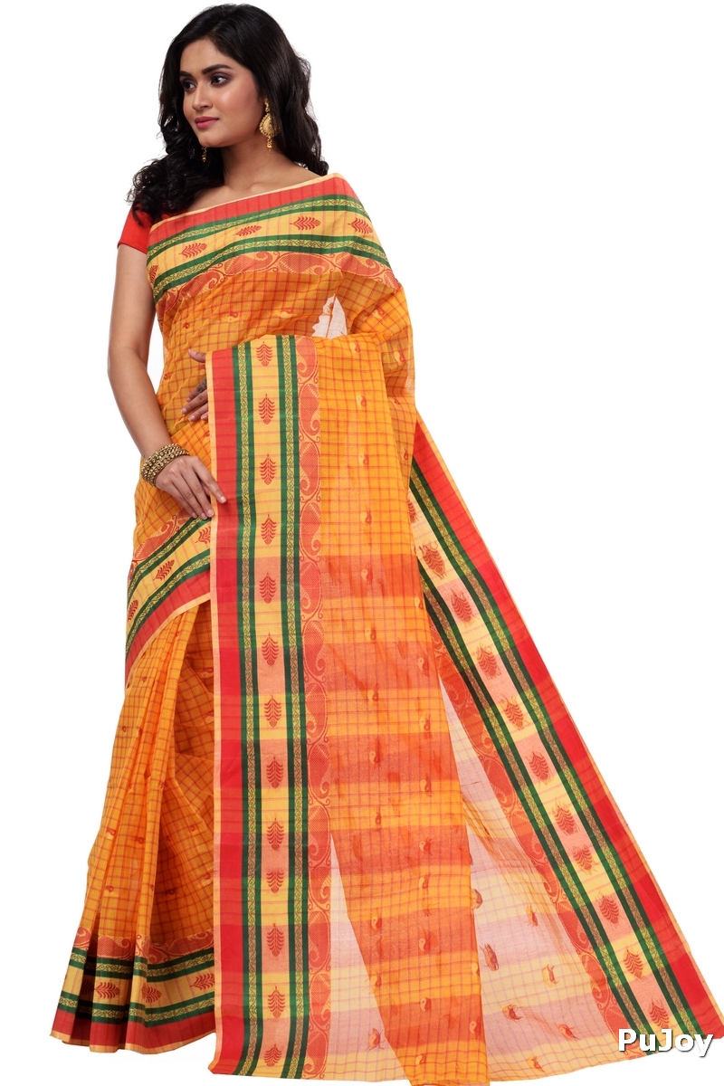 Yellow Pure Cotton ChakButi Tant Saree (125)